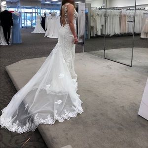 Galina Signature - illusion Lace Plunge Bodice Petite Wedding Dress